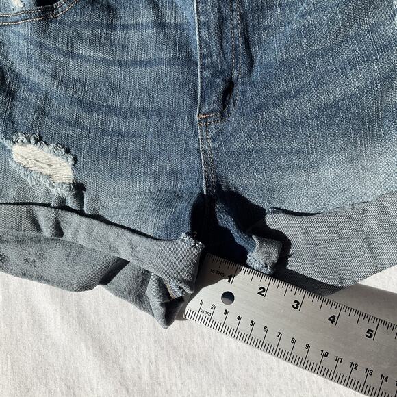 Garage Women Shorts 9 Blue Denim Distressed Button 2" Inseam - Picture 7 of 10